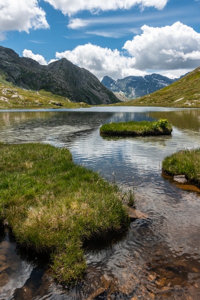 During the day and the lake and the mountains of trees and green grass
